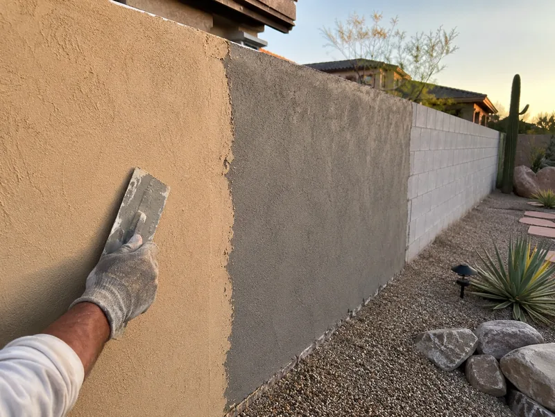 Two coats of stucco carried over a concrete masonry unit wall