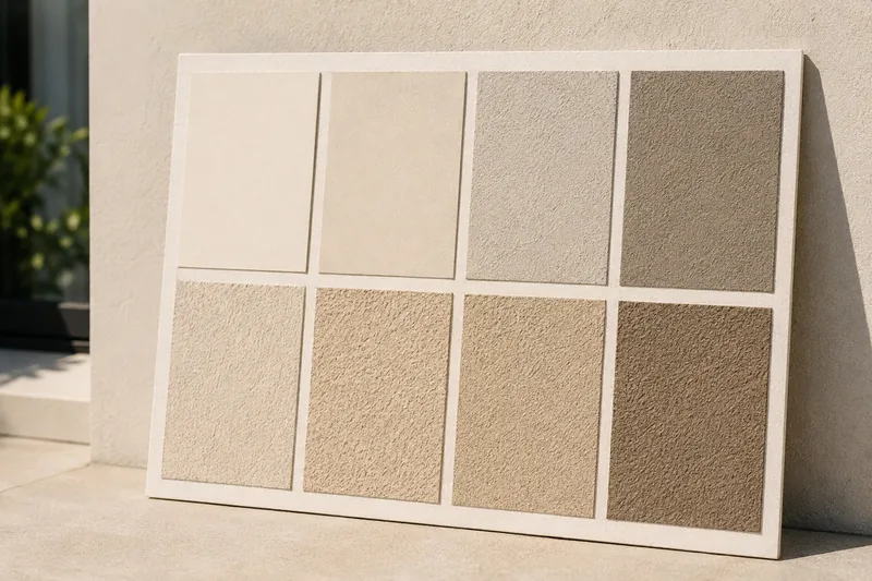 Colour and texture sample board held against an existing stucco wall