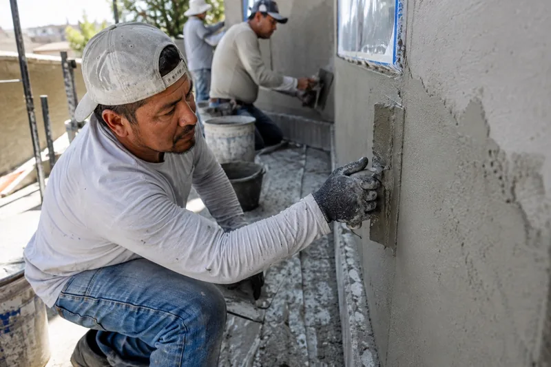 Plastering crew troweling a wet base coat onto a masked exterior wall