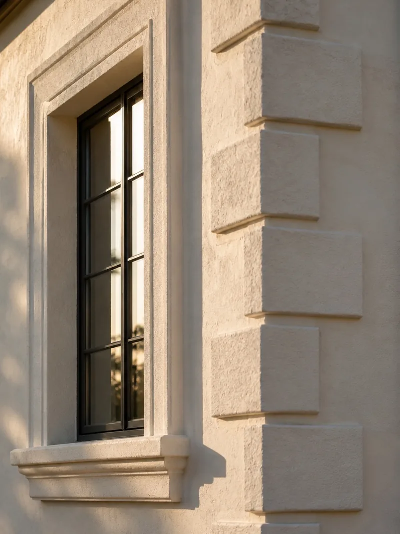 Stucco quoins and a moulded window surround throwing hard relief shadows in low sun
