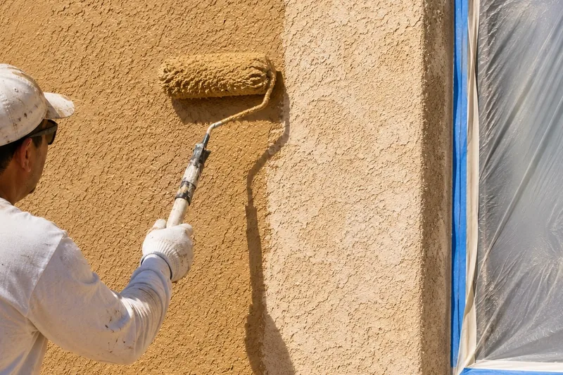 Roller laying elastomeric coating over a heavily textured stucco wall