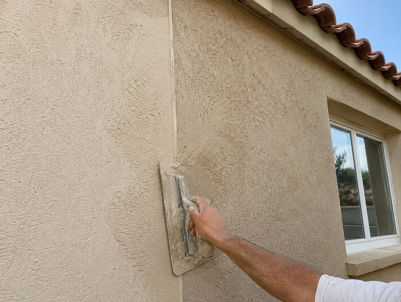 Trowel feathering a patch into the surrounding texture beside a control joint