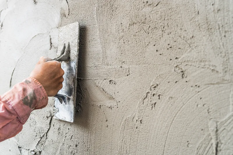 Finishing float drawing a fresh base coat flat across a cement plaster wall