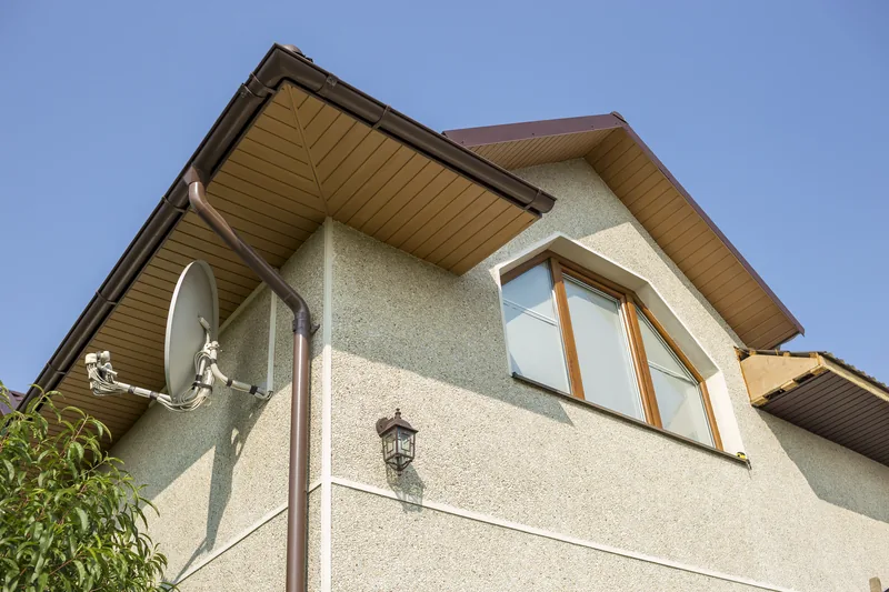 Stucco gable and eave detail on a recently finished house