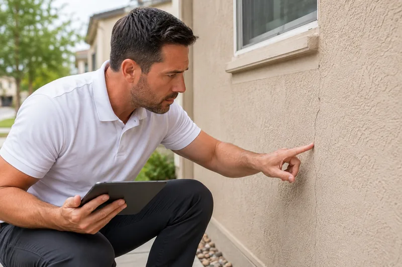 Contractor tracing a vertical crack running down from a window corner on a tan stucco wall