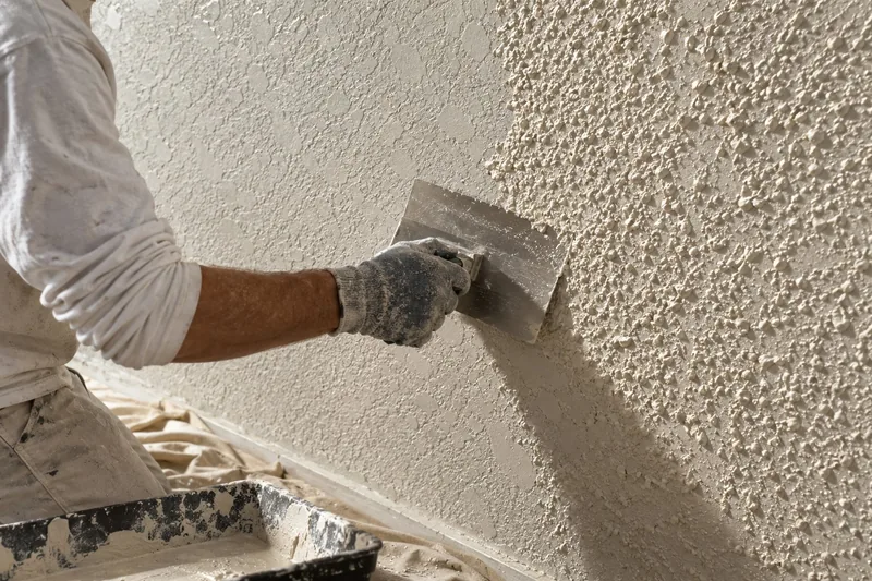 Trowel flattening the peaks of a splattered coat into a knockdown finish