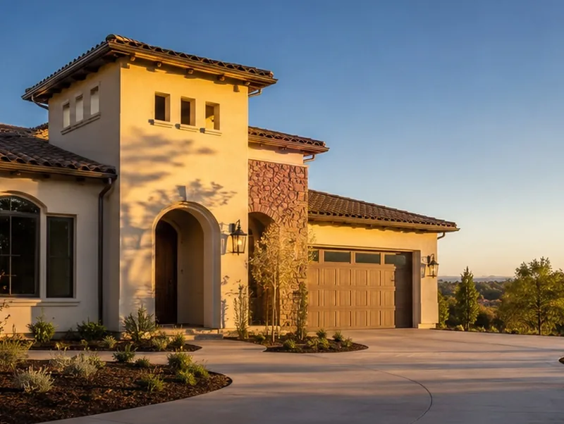 Mediterranean-style stucco elevation with a tower, arched entry and stone veneer