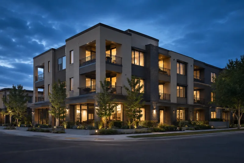 Three-storey stucco and stone multifamily building at dusk