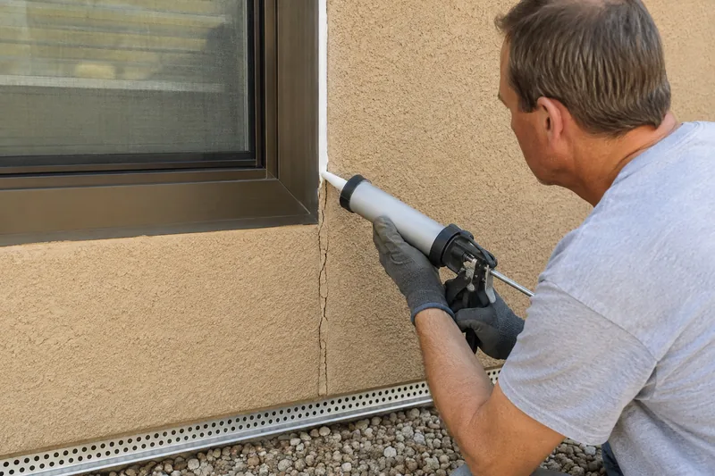 Sealant gun running a fresh bead down the joint between a window frame and the stucco