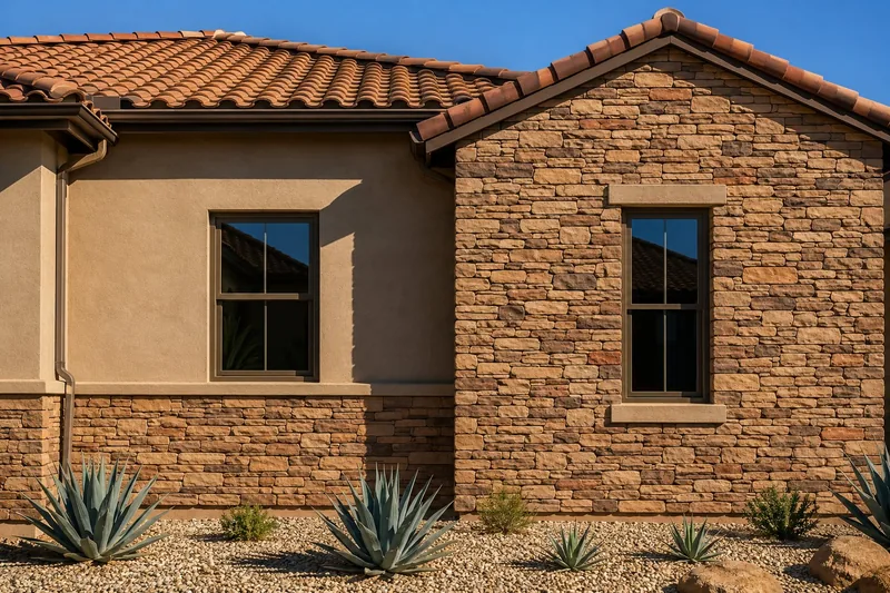 Stone wainscot stopping at a water-table trim beside a gable end carried in full-coverage stone