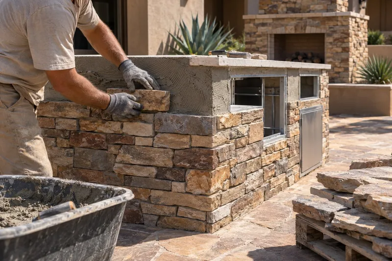 Mason bedding stone veneer onto a BBQ island, grill and access-door cut-outs already framed