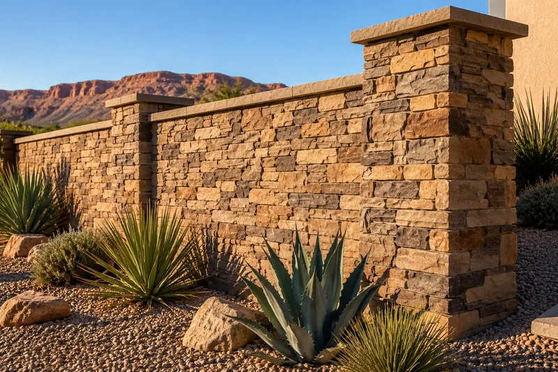 Stone-faced garden wall running back to a capped gate column, agave and gravel beyond