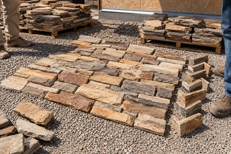 Stone veneer dry-laid on the gravel in its finished pattern with L-shaped corner pieces