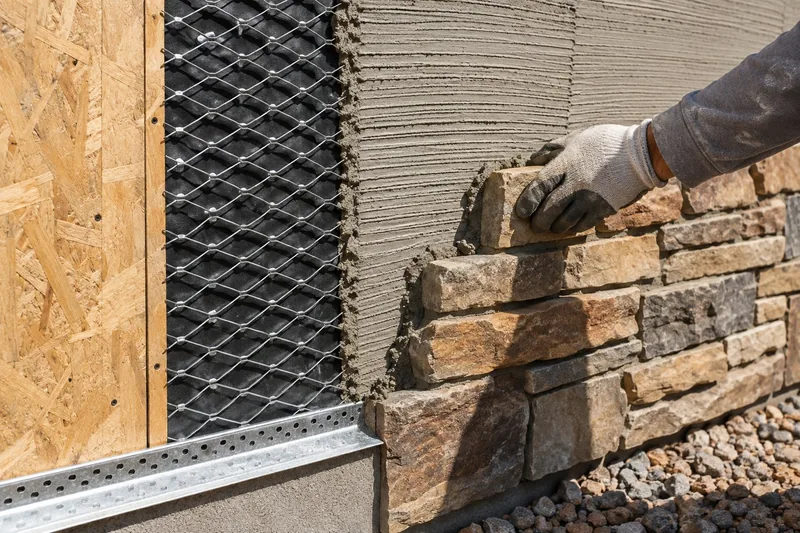 Lath and scratch coat set as the base for a stone veneer assembly