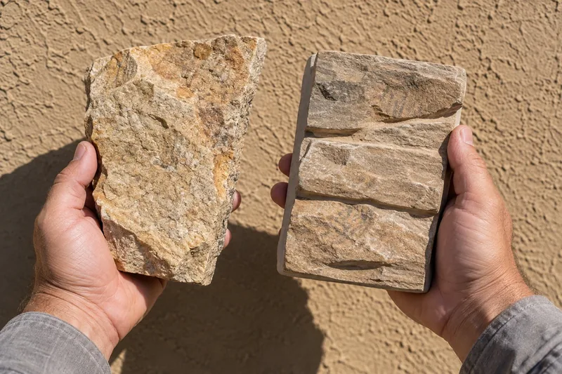 Quarried natural stone in one hand and a cast manufactured unit in the other