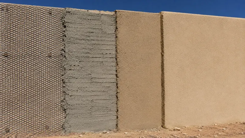 Traditional three-coat stucco in stages: metal lath, scratch coat, brown coat and finish coat