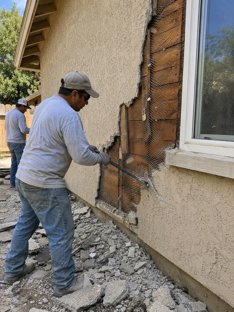 Wire lath and board sheathing exposed as failed stucco is bared off