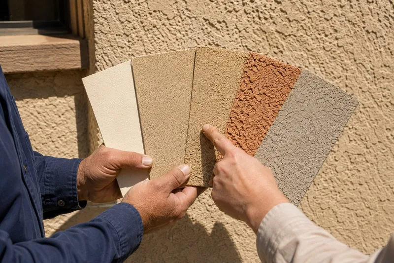 Five stucco texture and colour chips fanned out and held against the existing wall