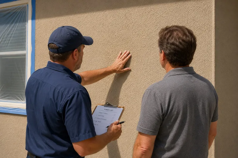 Contractor and homeowner checking texture on the wall at the final walkthrough, punch list in hand